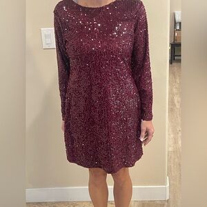 Elegant Sequin Long Sleeve Dress - Burgundy Side Zip Large